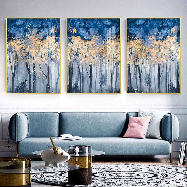 Nowoczesny obraz drukowany na płótnie - abstrakcyjny las w odcieniach turkusowo-złotych, idealny do salonu i dekoracji wnętrza domu - Wianko - 4