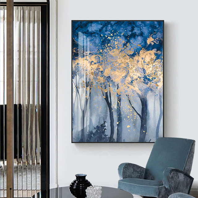 Nowoczesny obraz drukowany na płótnie - abstrakcyjny las w odcieniach turkusowo-złotych, idealny do salonu i dekoracji wnętrza domu - Wianko - 10