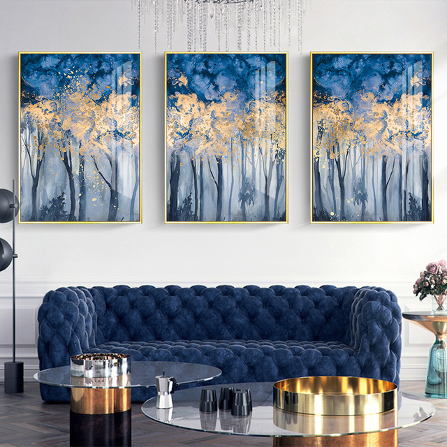 Nowoczesny obraz drukowany na płótnie - abstrakcyjny las w odcieniach turkusowo-złotych, idealny do salonu i dekoracji wnętrza domu - Wianko - 2