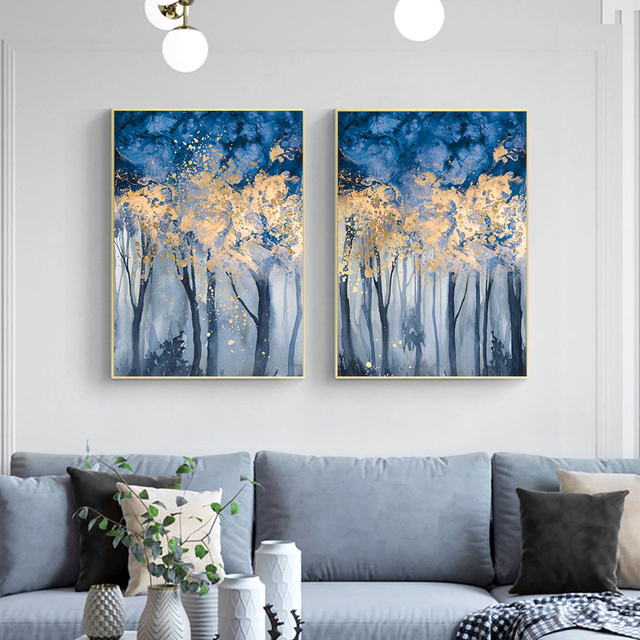 Nowoczesny obraz drukowany na płótnie - abstrakcyjny las w odcieniach turkusowo-złotych, idealny do salonu i dekoracji wnętrza domu - Wianko - 8