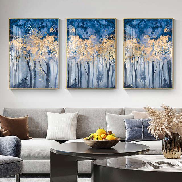 Nowoczesny obraz drukowany na płótnie - abstrakcyjny las w odcieniach turkusowo-złotych, idealny do salonu i dekoracji wnętrza domu - Wianko - 6