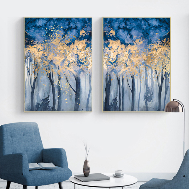 Nowoczesny obraz drukowany na płótnie - abstrakcyjny las w odcieniach turkusowo-złotych, idealny do salonu i dekoracji wnętrza domu - Wianko - 9