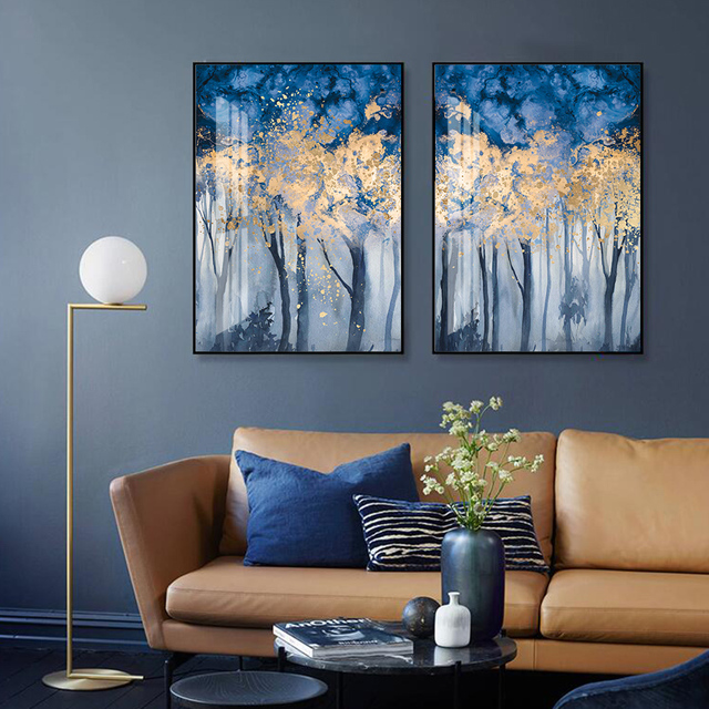 Nowoczesny obraz drukowany na płótnie - abstrakcyjny las w odcieniach turkusowo-złotych, idealny do salonu i dekoracji wnętrza domu - Wianko - 7