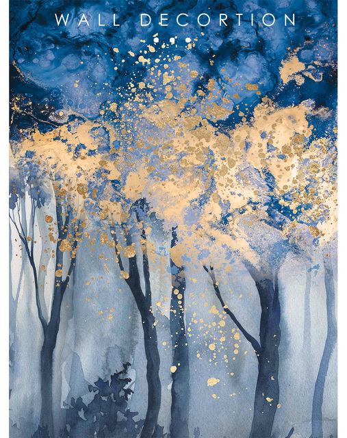 Nowoczesny obraz drukowany na płótnie - abstrakcyjny las w odcieniach turkusowo-złotych, idealny do salonu i dekoracji wnętrza domu - Wianko - 1
