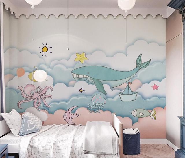 Niestandardowa tapeta do pokoju dziecięcego z motywem wieloryba w oceanie - Wianko - 6