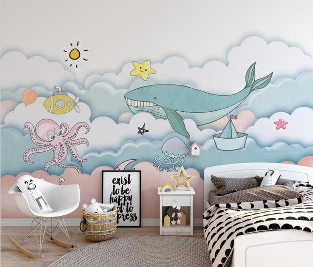 Niestandardowa tapeta do pokoju dziecięcego z motywem wieloryba w oceanie - Wianko - 4
