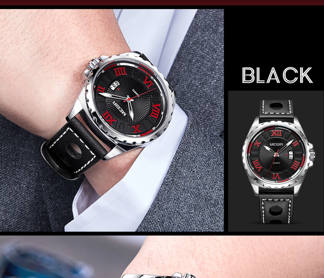 Męski zegarek kwarcowy marki MEGIR Sport z czarnym paskiem z PU, modowy zegar wojskowy na rękę - Wianko - 14