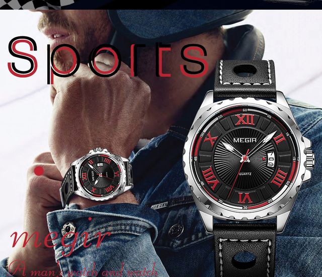 Męski zegarek kwarcowy marki MEGIR Sport z czarnym paskiem z PU, modowy zegar wojskowy na rękę - Wianko - 2