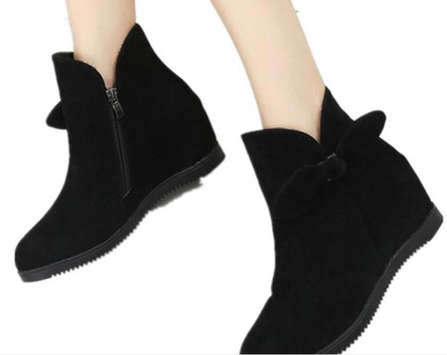 Kobiety czarne zimowe buty do kostki z wysokimi klinami i kokardą - Wianko - 8