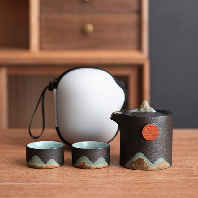 Retro chińskie ceramiczne naczynie do herbaty - zestaw Kung Fu z 2 filiżankami - Mountain - podróżny - fajny prezent - Wianko - 3