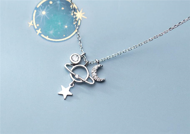 Naszyjnik żeński z łańcuszkiem do obojczyka z 925 srebra - Trendowa pamięć gwiazdy, księżyca i planety - Wianko - 27