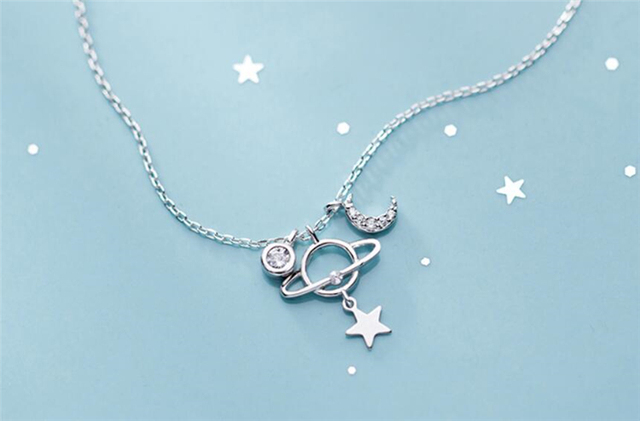 Naszyjnik żeński z łańcuszkiem do obojczyka z 925 srebra - Trendowa pamięć gwiazdy, księżyca i planety - Wianko - 23