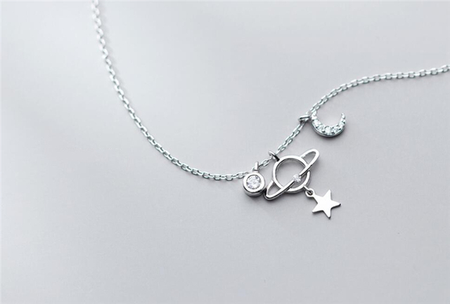 Naszyjnik żeński z łańcuszkiem do obojczyka z 925 srebra - Trendowa pamięć gwiazdy, księżyca i planety - Wianko - 29