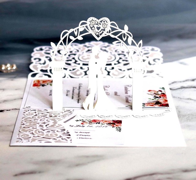 Zaproszenie ślubne europejskie 3D w kształcie serca - próbka laserowo wycinanej kartki z koronkowymi falbanami i życzeniami - Wianko - 7