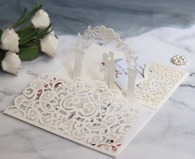 Zaproszenie ślubne europejskie 3D w kształcie serca - próbka laserowo wycinanej kartki z koronkowymi falbanami i życzeniami - Wianko - 12