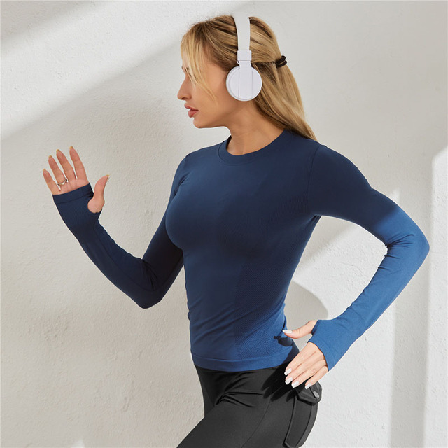 Bezszwowe jednolite koszulki sportowe do jogi damskie - długi rękaw, slim fit - Wianko - 14