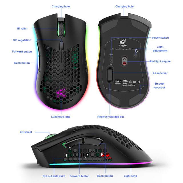 Mysz dla graczy X3 z odbiornikiem USB 2.4GHz, podświetleniem RGB, 7 klawiszami i 2400 DPI - Wianko - 7