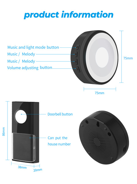 Bezprzewodowy inteligentny dzwonek do drzwi SAMTRUL zasilany przez USB, wodoodporny IP55, z lampką nocną 433MHZ LED - Wianko - 19