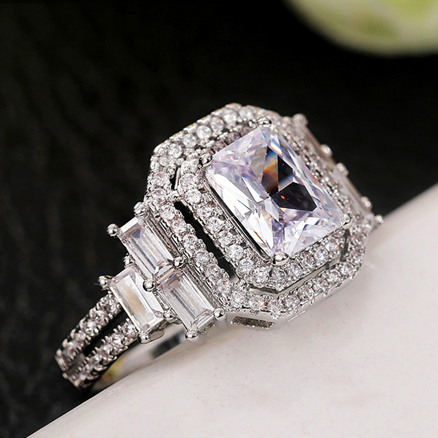 Pierścionek zaręczynowy Huitan - luksusowe prostokątne obrączki z błyszczącym kolorowym kamykiem, srebrna biżuteria - Wianko - 3