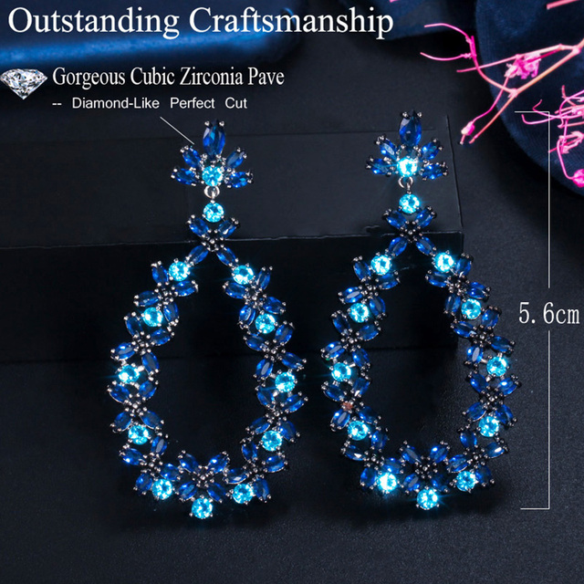 Eleganckie długie kolczyki wiszące perłowo-niebieskie z czarnym złotem i kamieniem CZ - idealne na przyjęcie ślubne (E594) - Wianko - 3