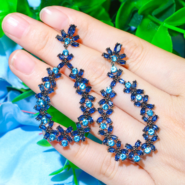 Eleganckie długie kolczyki wiszące perłowo-niebieskie z czarnym złotem i kamieniem CZ - idealne na przyjęcie ślubne (E594) - Wianko - 6