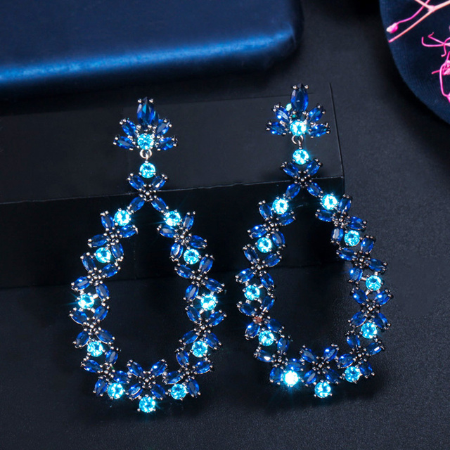 Eleganckie długie kolczyki wiszące perłowo-niebieskie z czarnym złotem i kamieniem CZ - idealne na przyjęcie ślubne (E594) - Wianko - 13