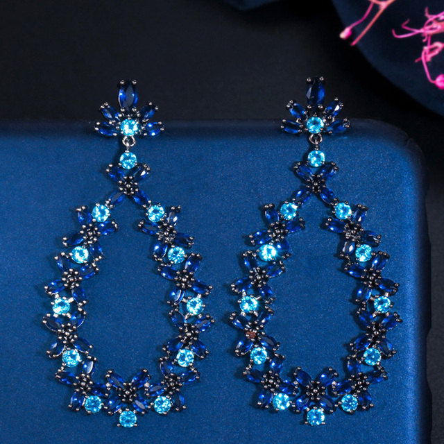 Eleganckie długie kolczyki wiszące perłowo-niebieskie z czarnym złotem i kamieniem CZ - idealne na przyjęcie ślubne (E594) - Wianko - 14