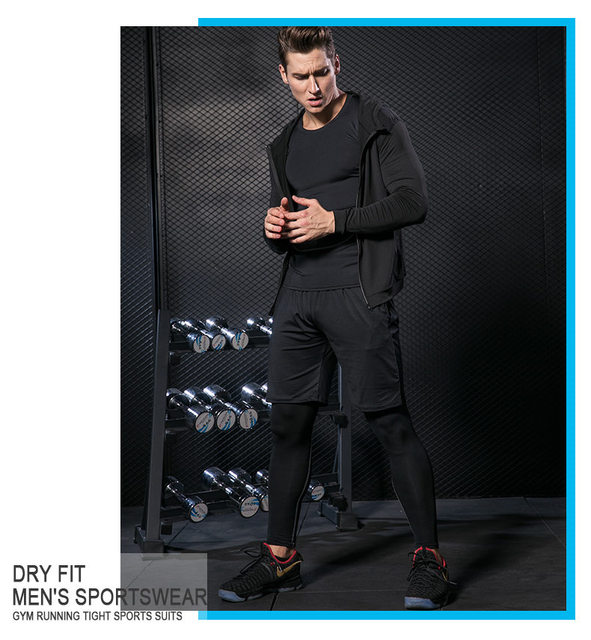 Męska kompresyjna odzież sportowa do fitnessu i biegania w kolorze czarnym - zestaw treningowy - Wianko - 19