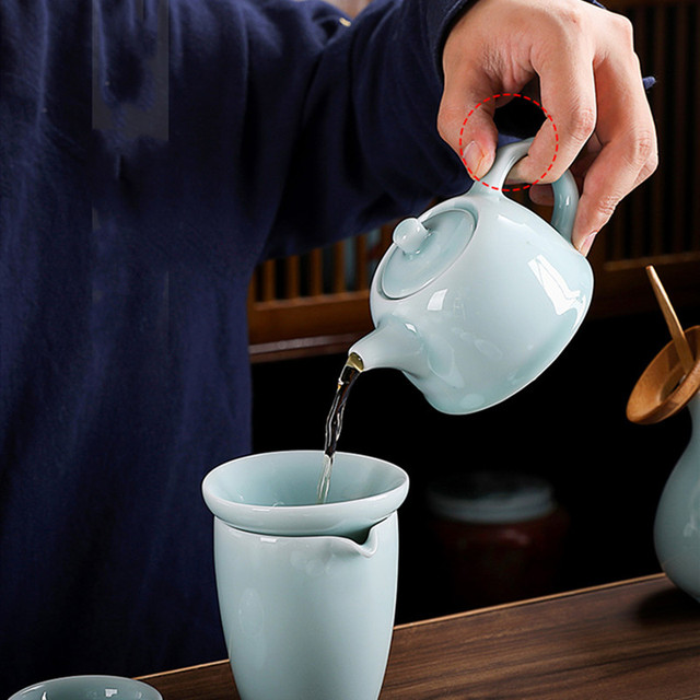 Zestaw ceramicznych naczyń do herbaty chińskiej: czajniczek gaiwan, filiżanki i naczynie na herbatę (9 sztuk) - Wianko - 4