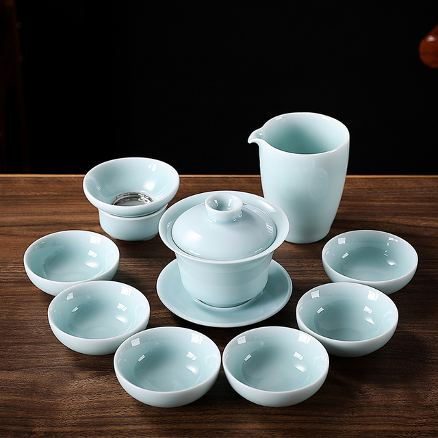Zestaw ceramicznych naczyń do herbaty chińskiej: czajniczek gaiwan, filiżanki i naczynie na herbatę (9 sztuk) - Wianko - 15