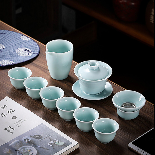 Zestaw ceramicznych naczyń do herbaty chińskiej: czajniczek gaiwan, filiżanki i naczynie na herbatę (9 sztuk) - Wianko - 1