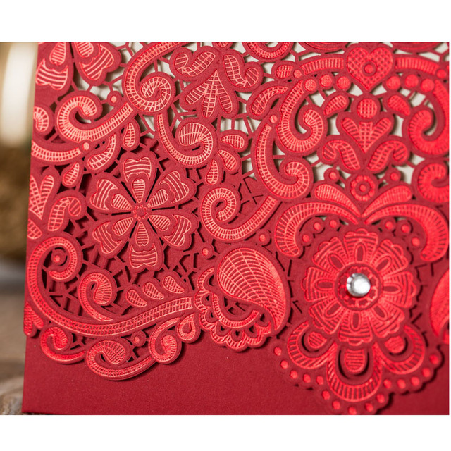 Złote czerwone zaproszenia ślubne - laserowo wycinane karty z luksusową florą, eleganckie, z diamentową koronką - 1 sztuka próbki - Wianko - 8