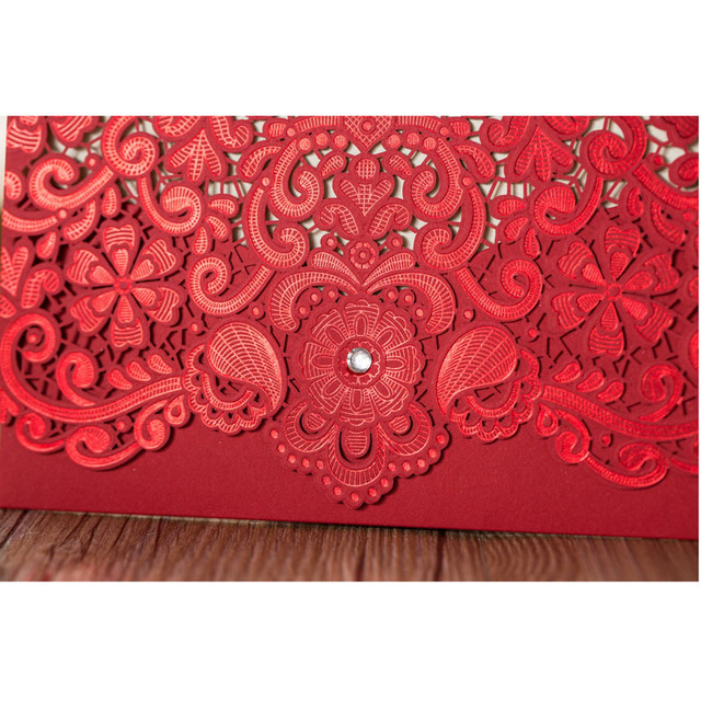 Złote czerwone zaproszenia ślubne - laserowo wycinane karty z luksusową florą, eleganckie, z diamentową koronką - 1 sztuka próbki - Wianko - 7