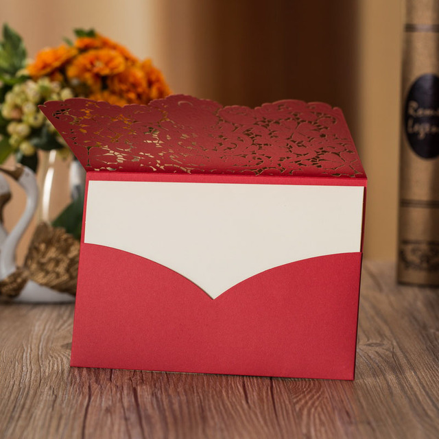 Złote czerwone zaproszenia ślubne - laserowo wycinane karty z luksusową florą, eleganckie, z diamentową koronką - 1 sztuka próbki - Wianko - 5