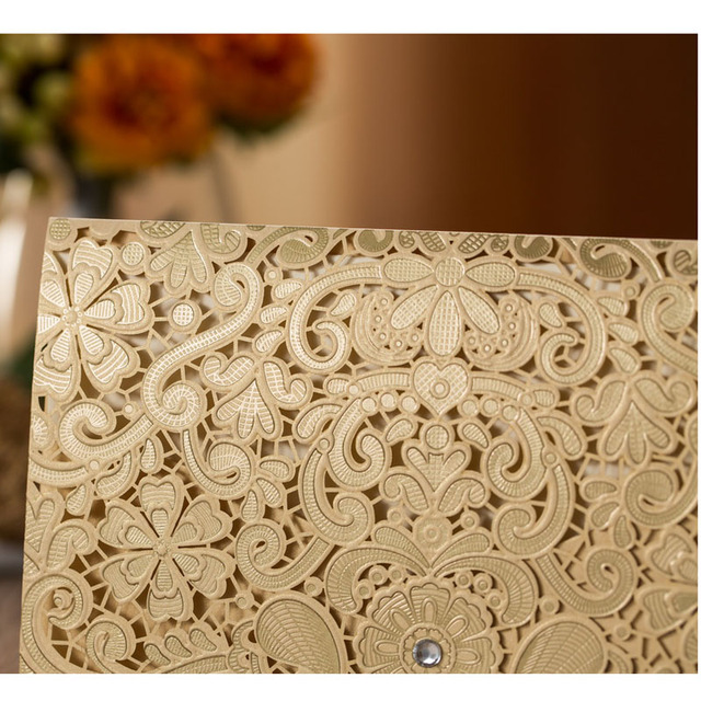 Złote czerwone zaproszenia ślubne - laserowo wycinane karty z luksusową florą, eleganckie, z diamentową koronką - 1 sztuka próbki - Wianko - 11