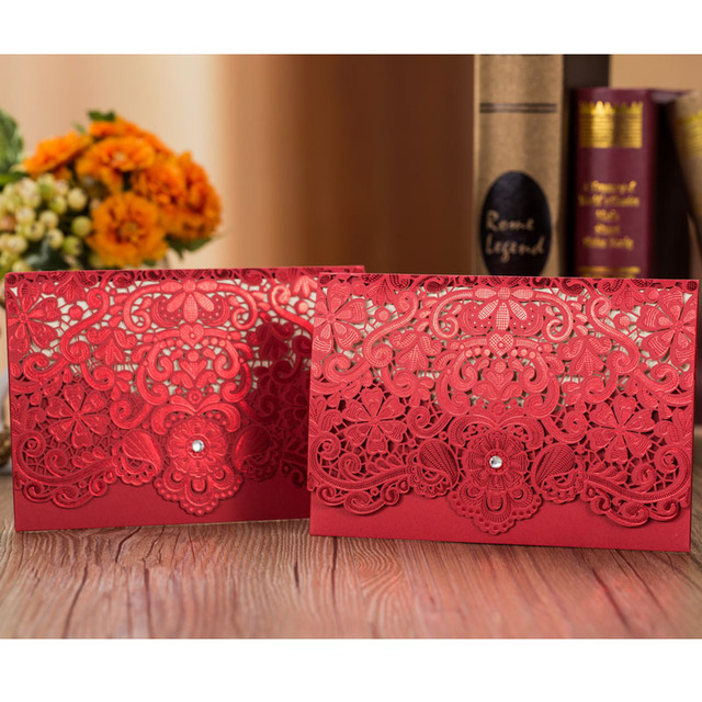 Złote czerwone zaproszenia ślubne - laserowo wycinane karty z luksusową florą, eleganckie, z diamentową koronką - 1 sztuka próbki - Wianko - 16