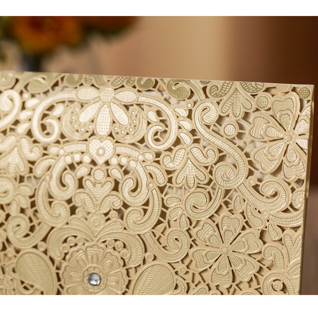Złote czerwone zaproszenia ślubne - laserowo wycinane karty z luksusową florą, eleganckie, z diamentową koronką - 1 sztuka próbki - Wianko - 12