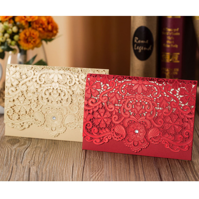 Złote czerwone zaproszenia ślubne - laserowo wycinane karty z luksusową florą, eleganckie, z diamentową koronką - 1 sztuka próbki - Wianko - 2