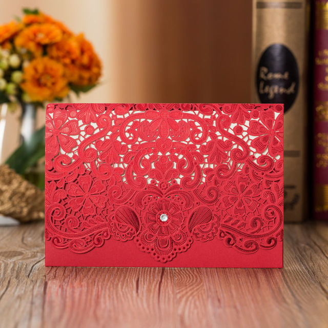 Złote czerwone zaproszenia ślubne - laserowo wycinane karty z luksusową florą, eleganckie, z diamentową koronką - 1 sztuka próbki - Wianko - 3