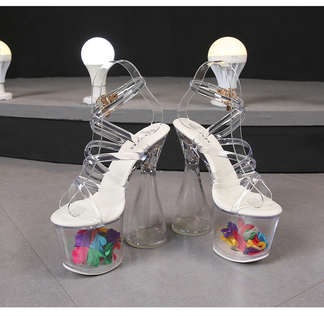 Sandały damskie z kryształkami, przezroczyste, wąskie paski, płatek, obcas Hollow, płaska platforma - Wianko - 20