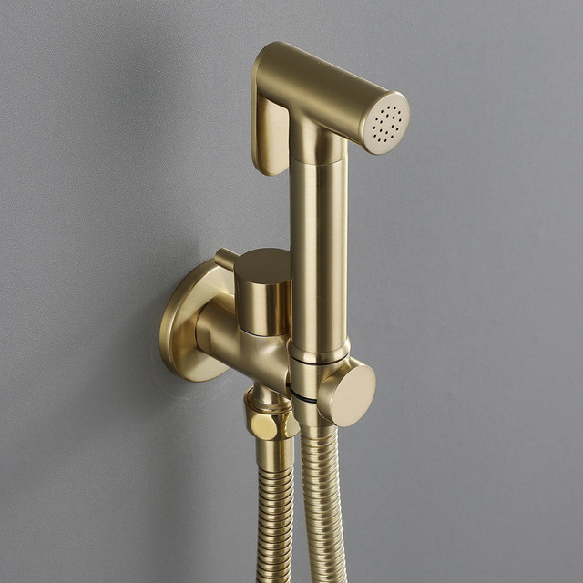 Nowość! Szczotkowane złoto miedź Bidet Tap & toaleta z dyszą z litego mosiądzu na ścianę w stylu supercharged - szary/chrom/czarny - Wianko - 2