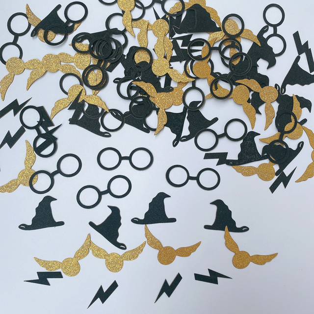 Magrise 100 sztuk czarnych konfetti z motywem Halloween i baby shower - dekoracja na urodziny z czarnymi okularami i złotymi skrzydłami - Wianko - 2