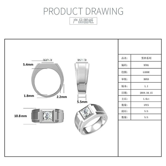 Pierścień zaręczynowy P & Y dla mężczyzn, wysoka jakość, 6.5mm, 1.0Ct Diament Moissanite, kolor D, srebro 926 - Wianko - 3