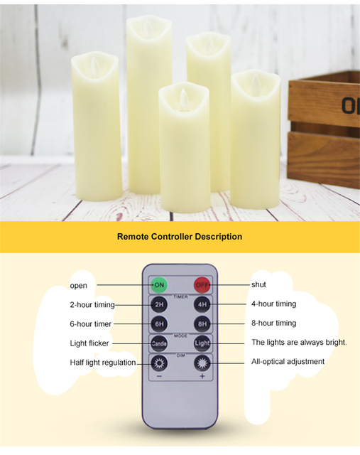 Zestaw 5 symulowanych świec LED z pilotem, świeca woskowa, dekoracje na Boże Narodzenie, Nowy Rok, ślubne - Wianko - 7