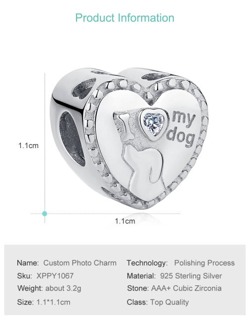 ELESHE Niestandardowy kryształowy charm ze srebra 925 z personalizowanym zdjęciem Kocham mój pies - serce koraliki DIY biżuteria - Wianko - 8
