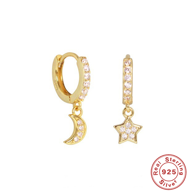 Asymetryczne kolczyki z prawdziwego srebra 925 ze srebrną gwiazdą i kryształowym charms w kształcie księżyca - dla kobiet i dziewcząt - Wianko - 2