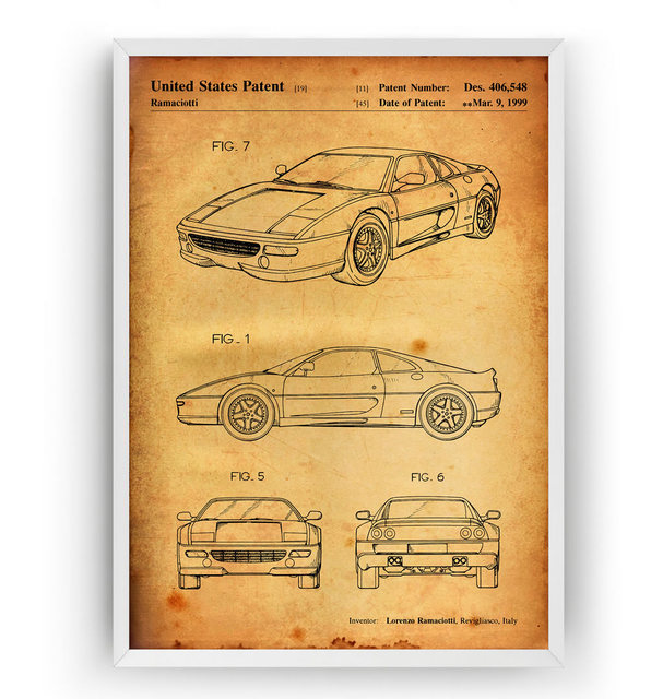 Plakat na płótnie ze sportowym samochodem Vintage Ferrari F355 1999: malarstwo ścienne w stylu Blueprint- dekoracje do salonu - Wianko - 4
