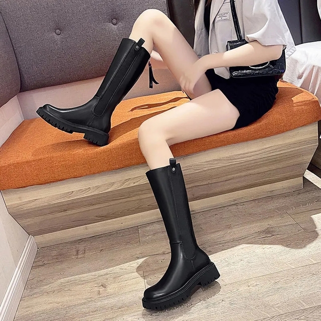 Kozaki damskie do kolan, czarne i białe, płaskie, platformowe, skórzane, gotyckie, Chelsea Boots Pofulove Botas - Wianko - 10