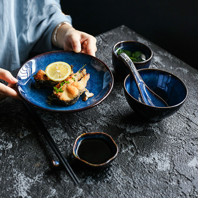 Lekkie, luksusowe ceramiczne naczynia obiadowe - zestaw 5 sztuk w europejskim stylu niebieskim kolorze - Wianko - 1