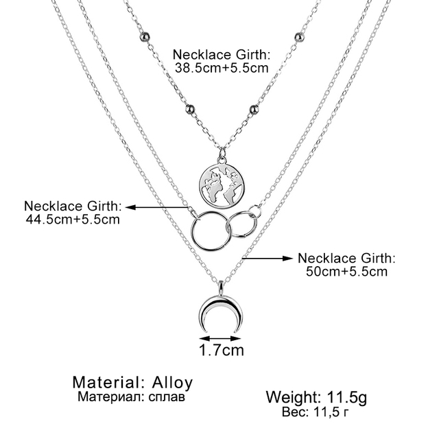 Łańcuszkowy naszyjnik DAXI z warstwowymi łańcuszkami, wisiorkiem w kształcie mapy i księżycem - trendy biżuteria boho dla kobiet - Wianko - 4